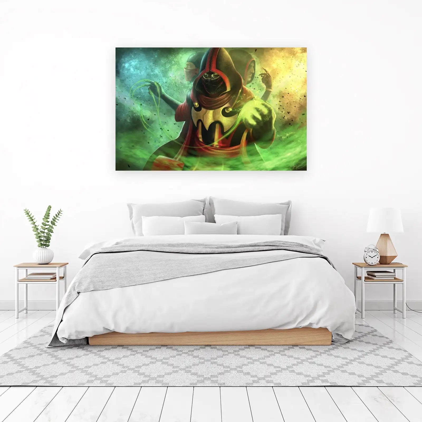 Mysterious Hooded Figure Green Energy Wall Art