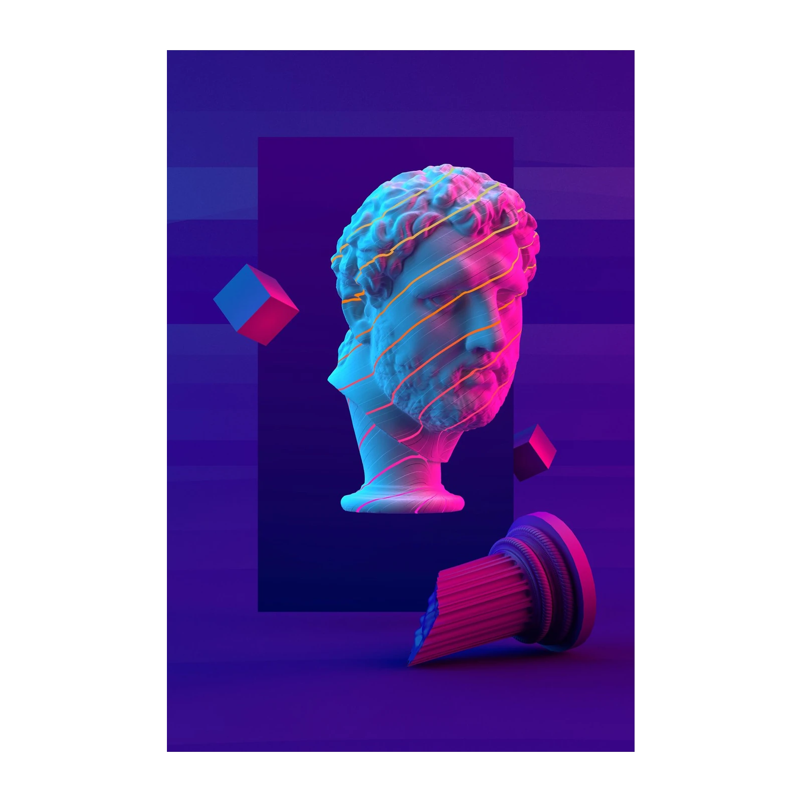 Neon Glitch Ancient Bust Wall Art