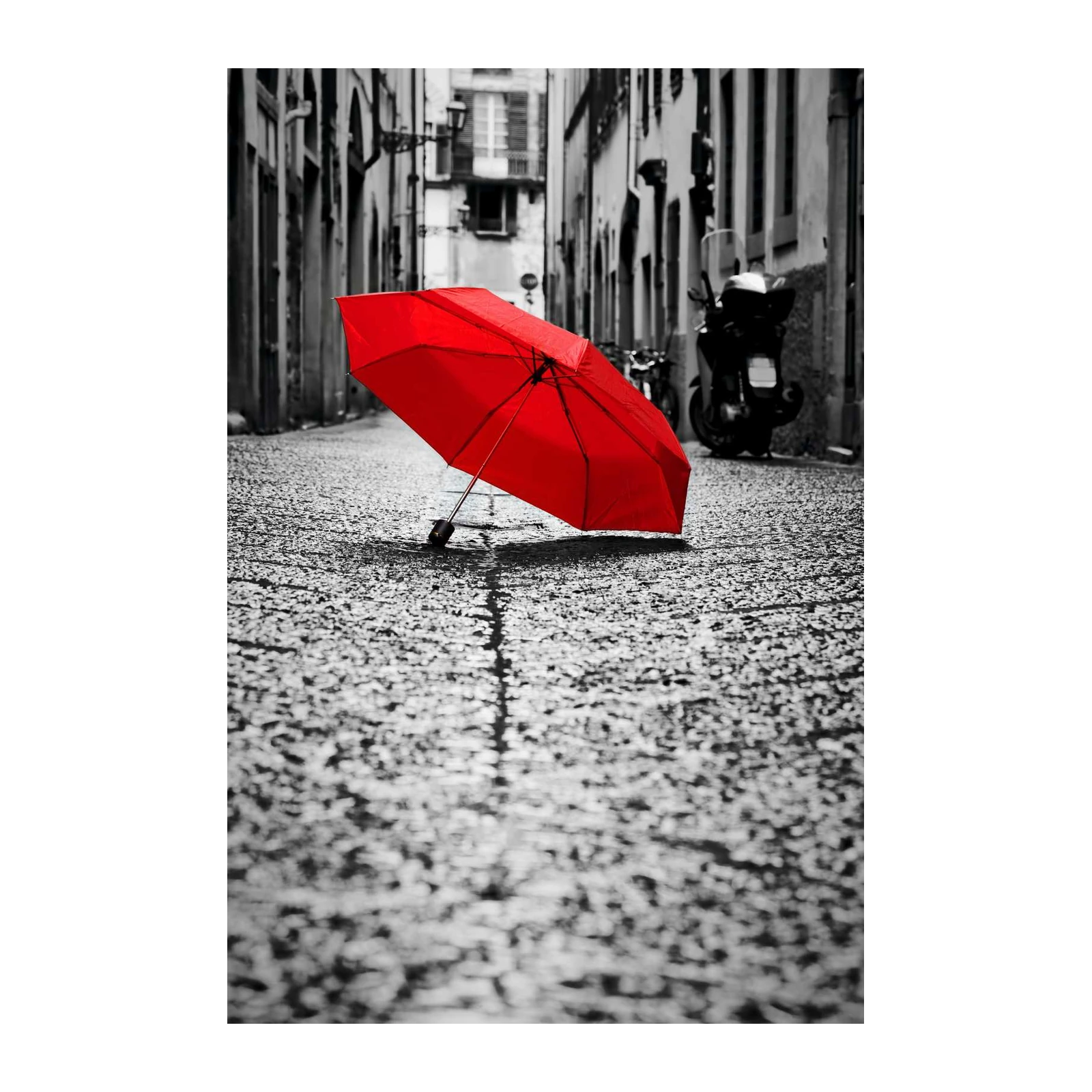 Vibrant Red Umbrella Rainy Street Wall Art