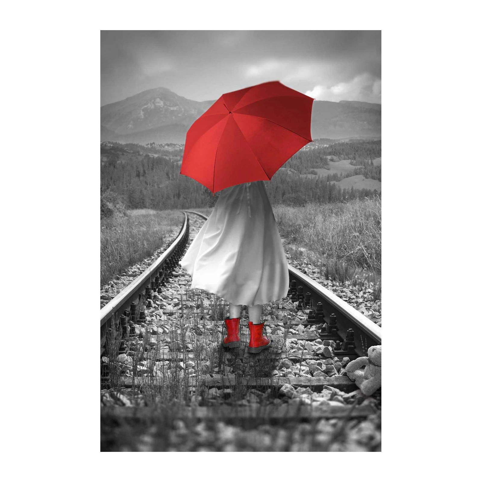 Vibrant Red Umbrella Girl Train Track Wall Art