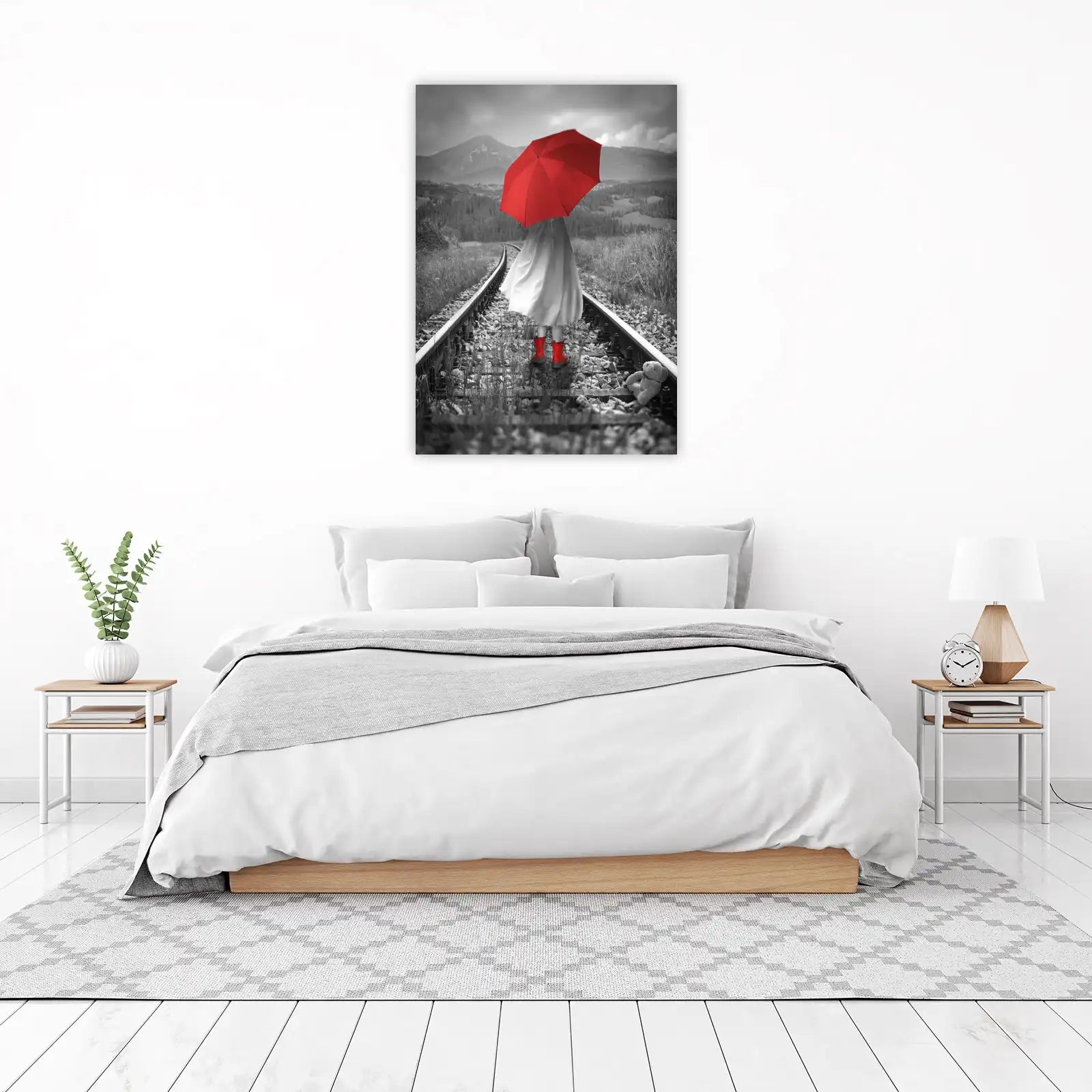 Vibrant Red Umbrella Girl Train Track Wall Art