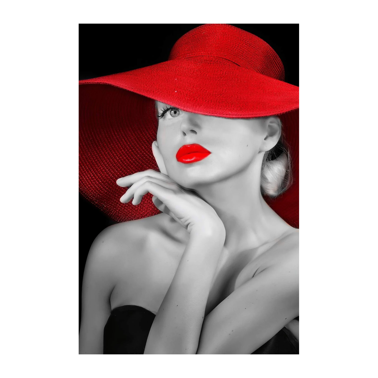 Elegant Woman Red Hat Bold Lips Wall Art