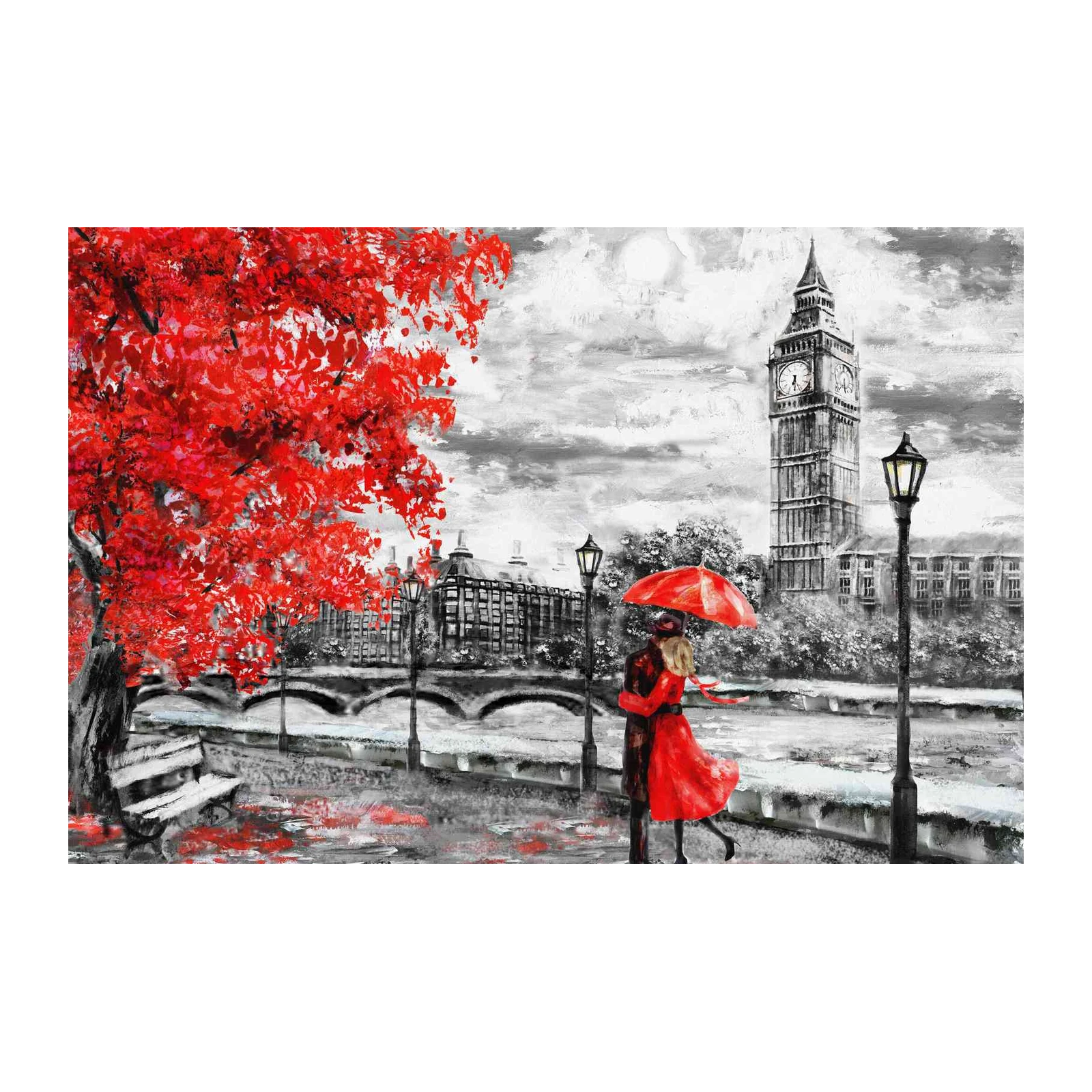 Romantic London Couple Red Tree Wall Art