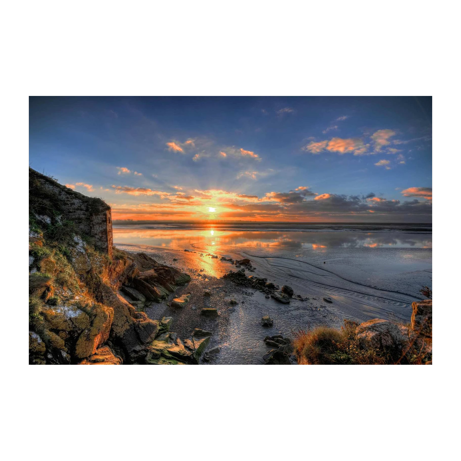 Golden Sunset Beach Rocky Wall Wall Art