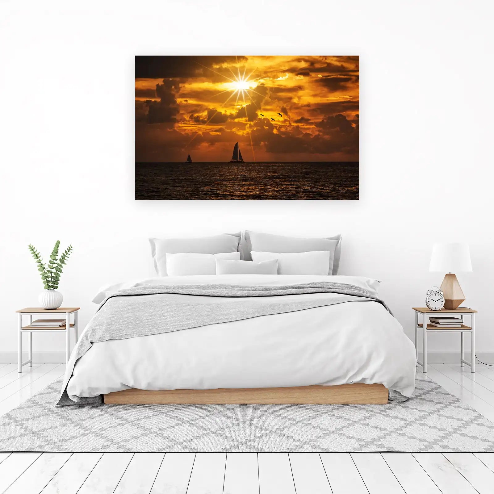 Golden Sunset Sailboat & Seagulls Wall Art