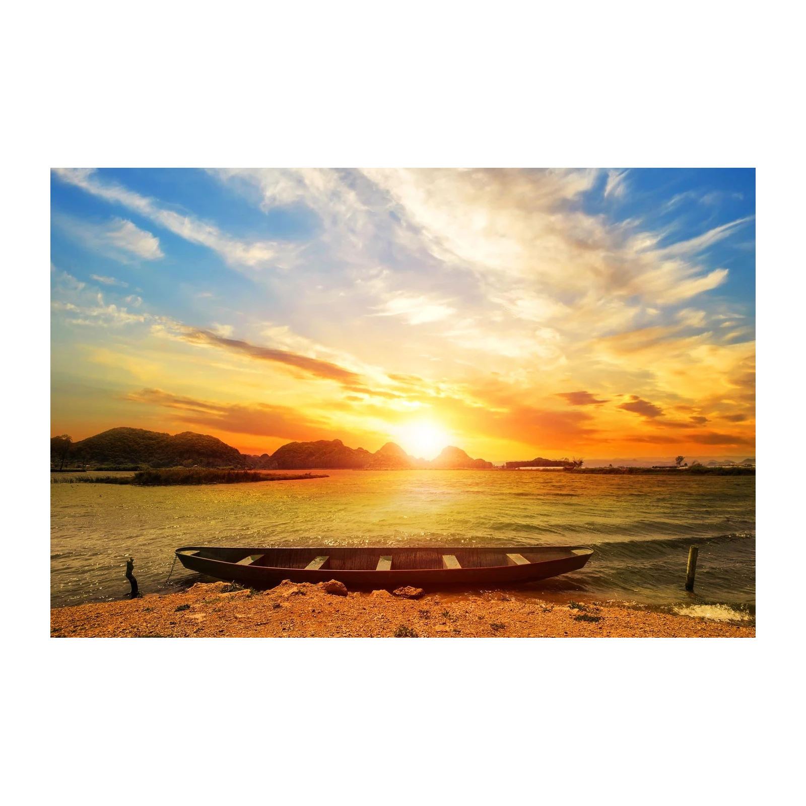 Serene Sunset Boat Landscape Wall Art