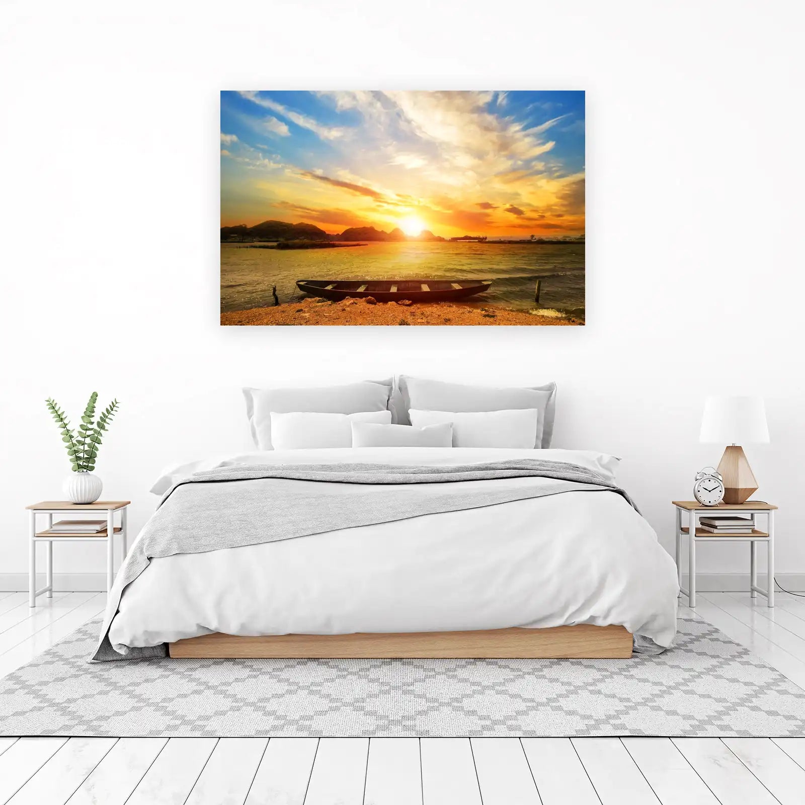Serene Sunset Boat Landscape Wall Art