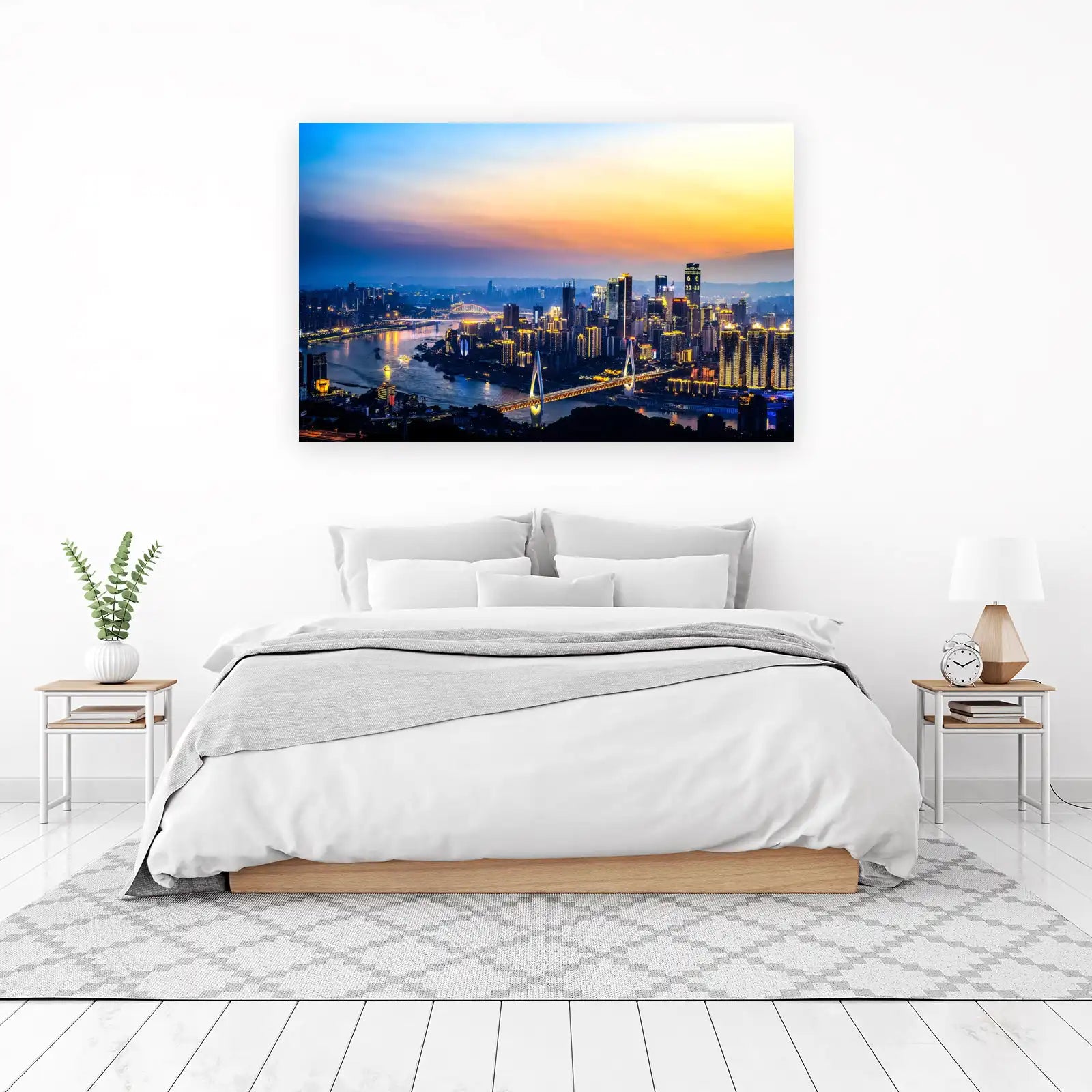 Modern Cityscape Twilight River Bridge Wall Art