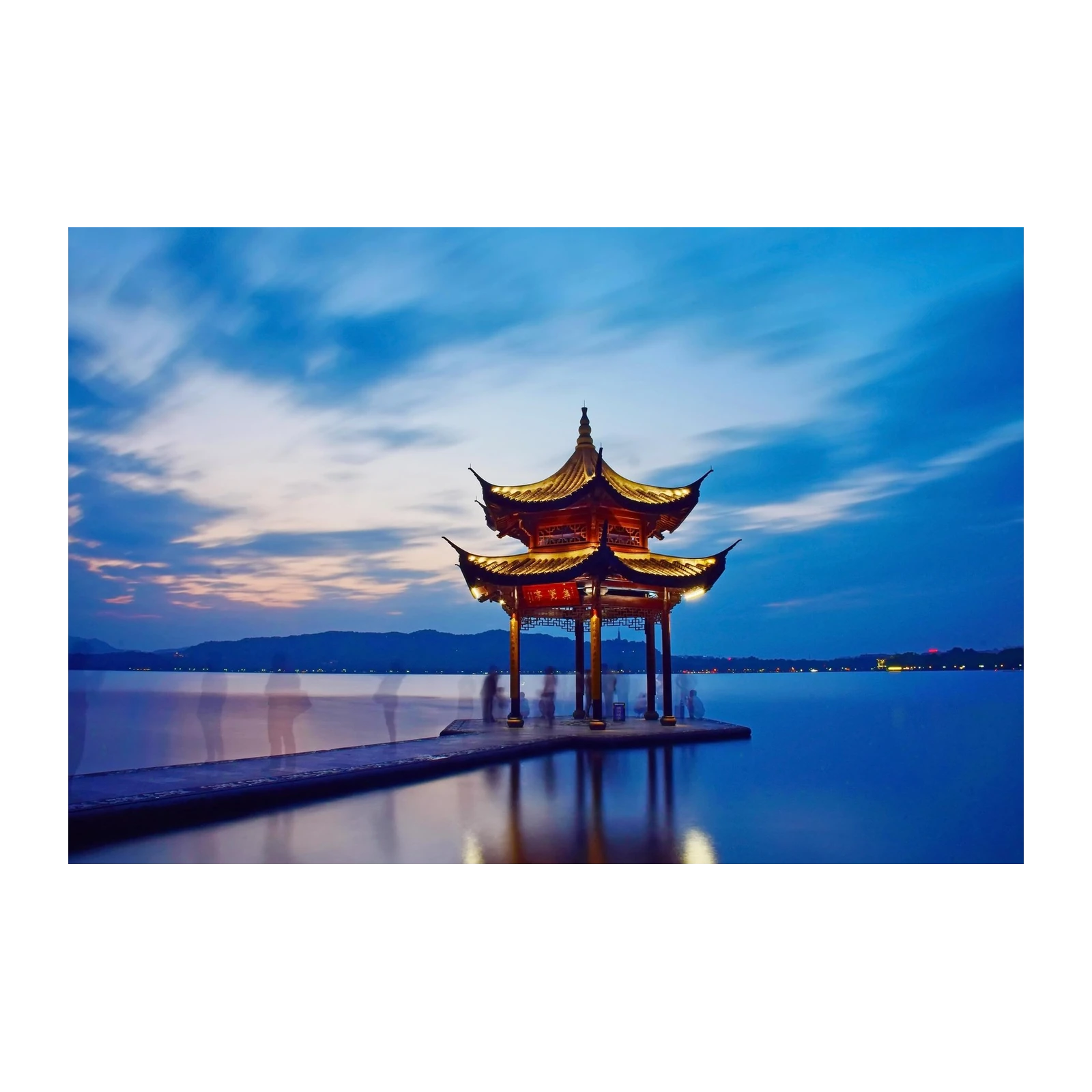 Serene Pagoda Lakeside Sunset Wall Art