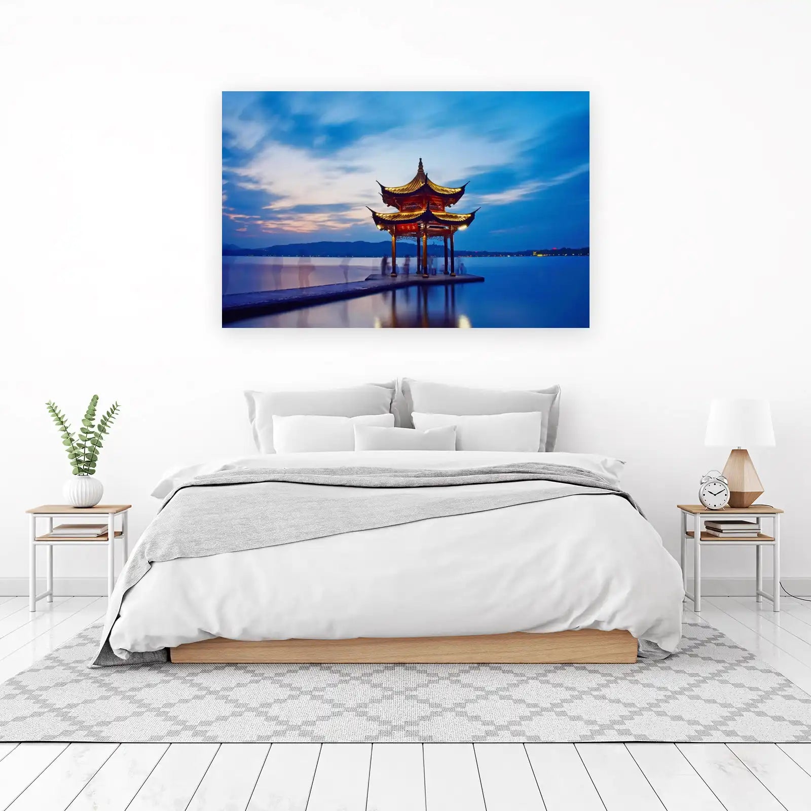 Serene Pagoda Lakeside Sunset Wall Art