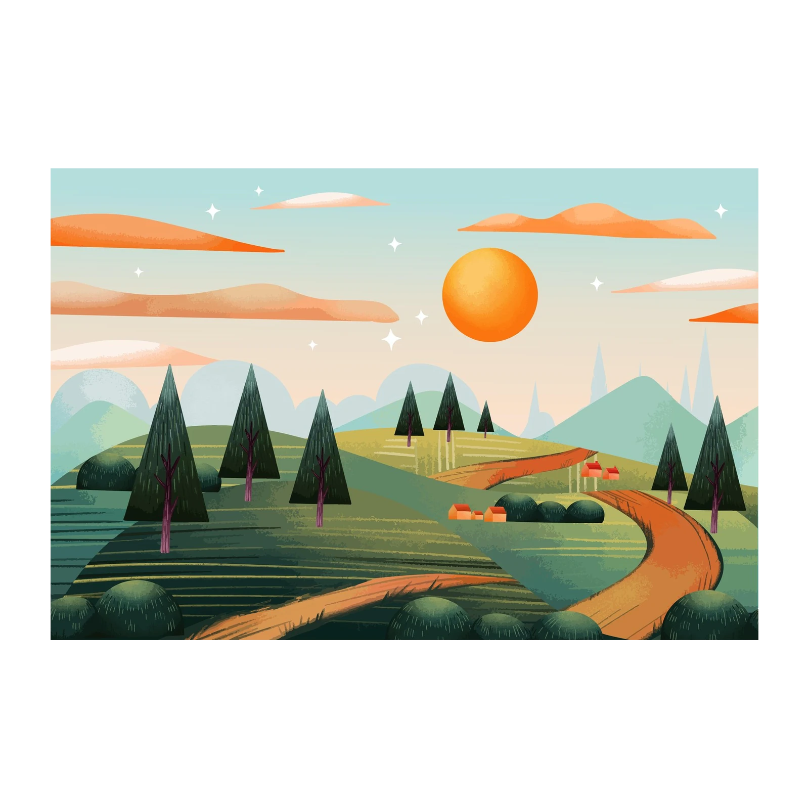 Dreamy Landscape Serene Village Wall Art