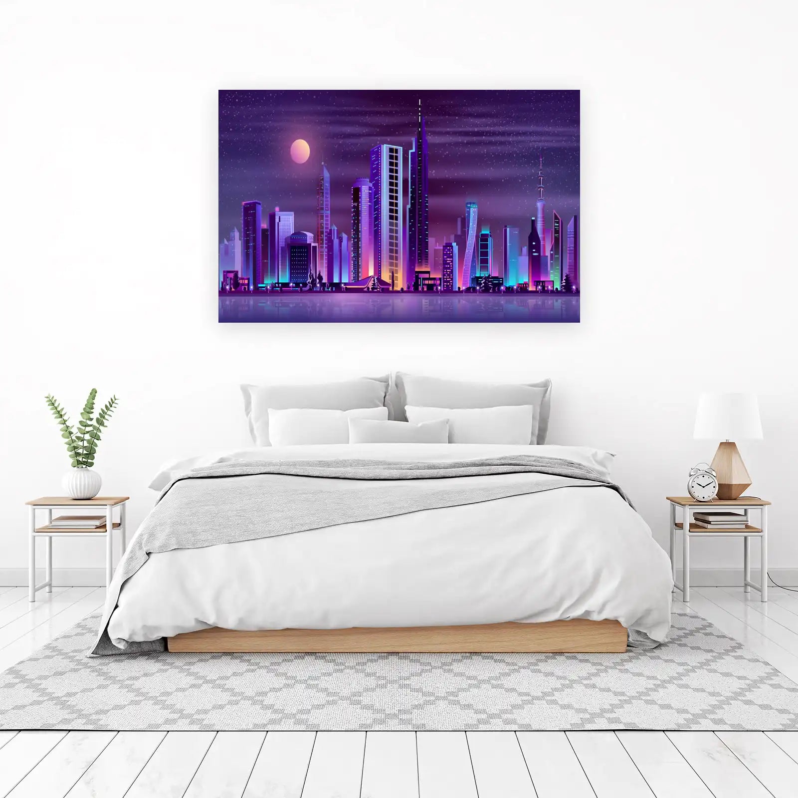 Vibrant Neon Cityscape Night Sky Wall Art