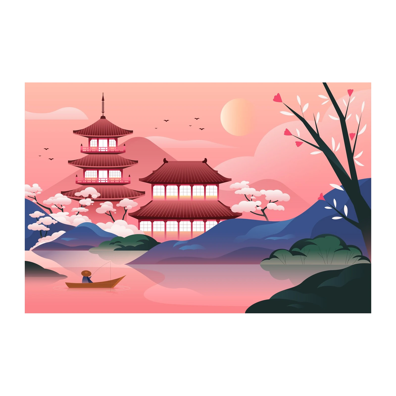 Serene Pagoda & Fishing Boat Japanese Landscape Wall Art