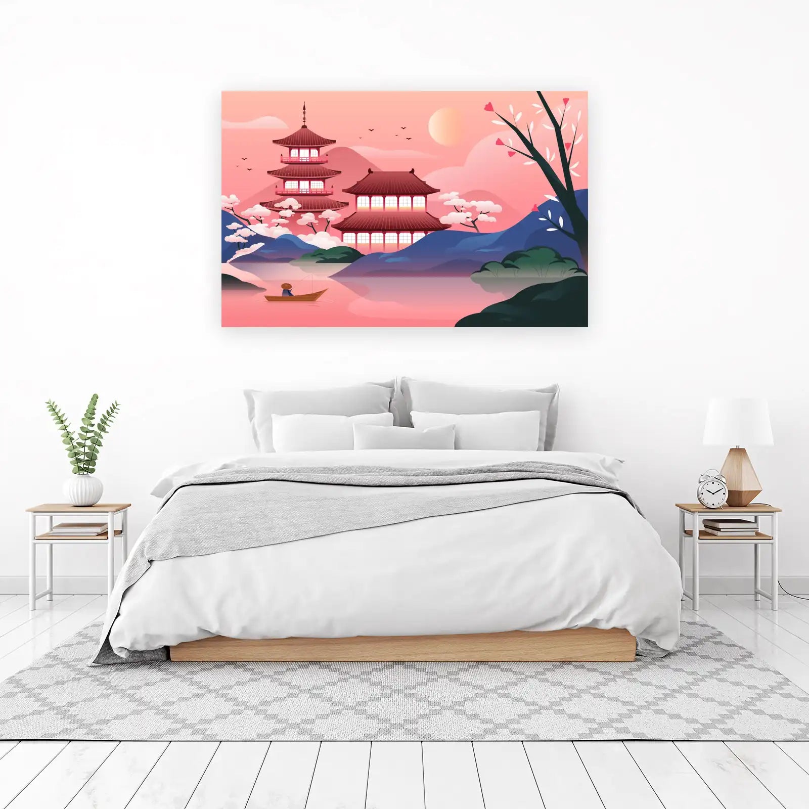 Serene Pagoda & Fishing Boat Japanese Landscape Wall Art