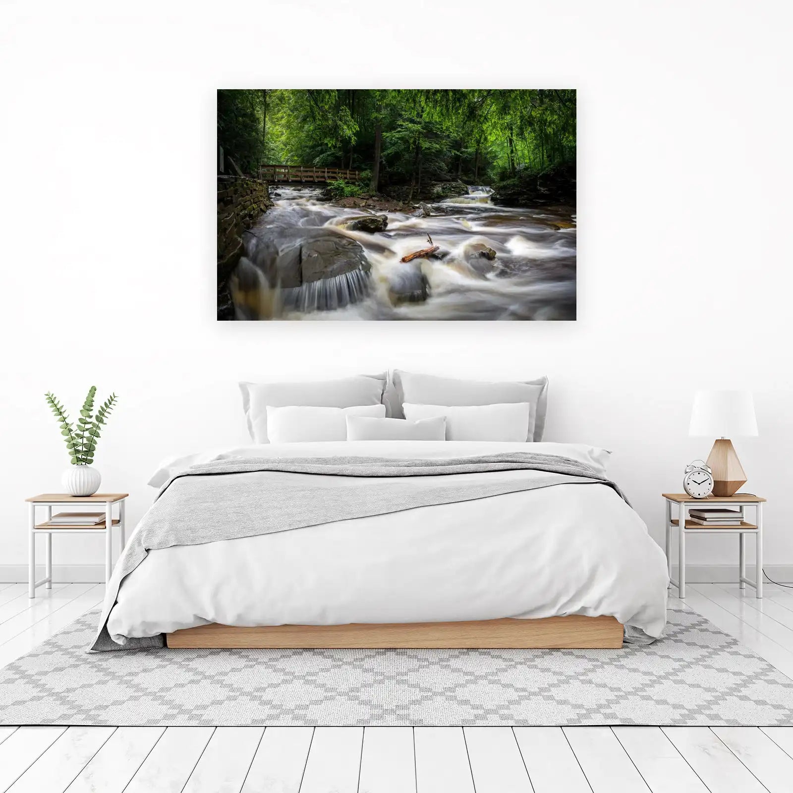 Serene Forest Waterfall & Bridge Wall Art
