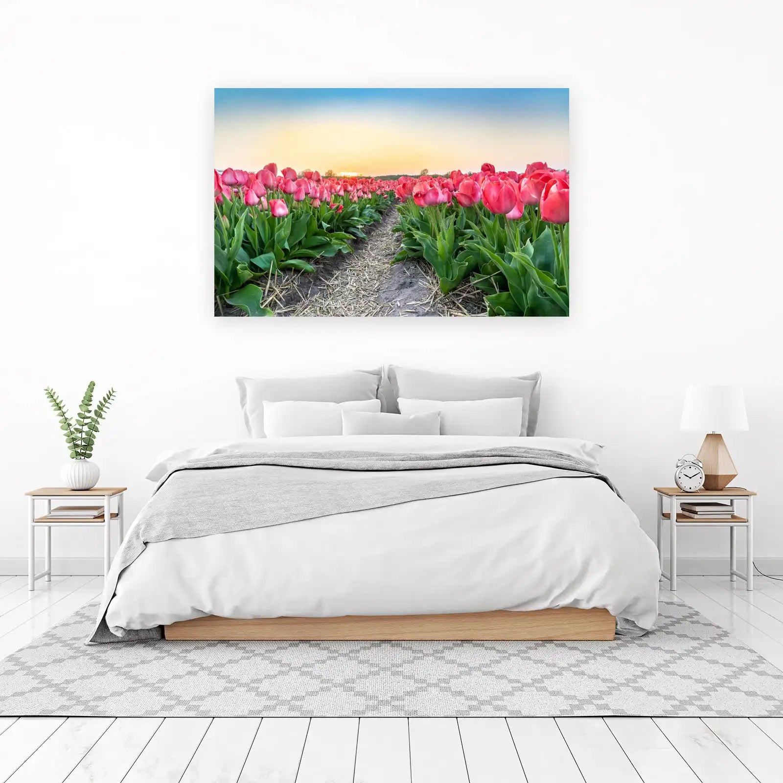 Vibrant Pink Tulip Field Sunset Wall Art