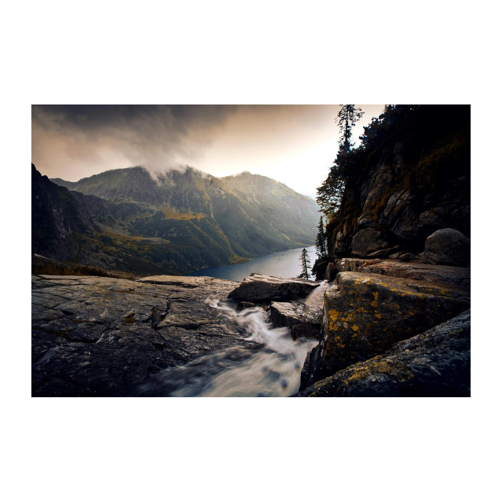 Misty Mountain Lake Waterfall Landscape Wall Art