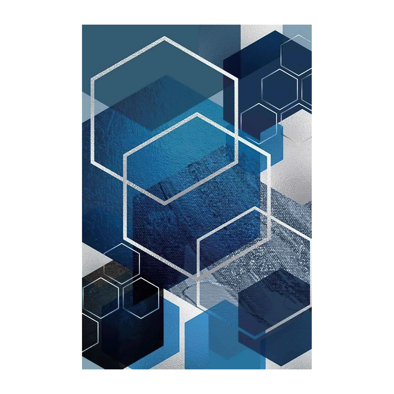 Geometric Hexagon Abstract Blue Silver Wall Art