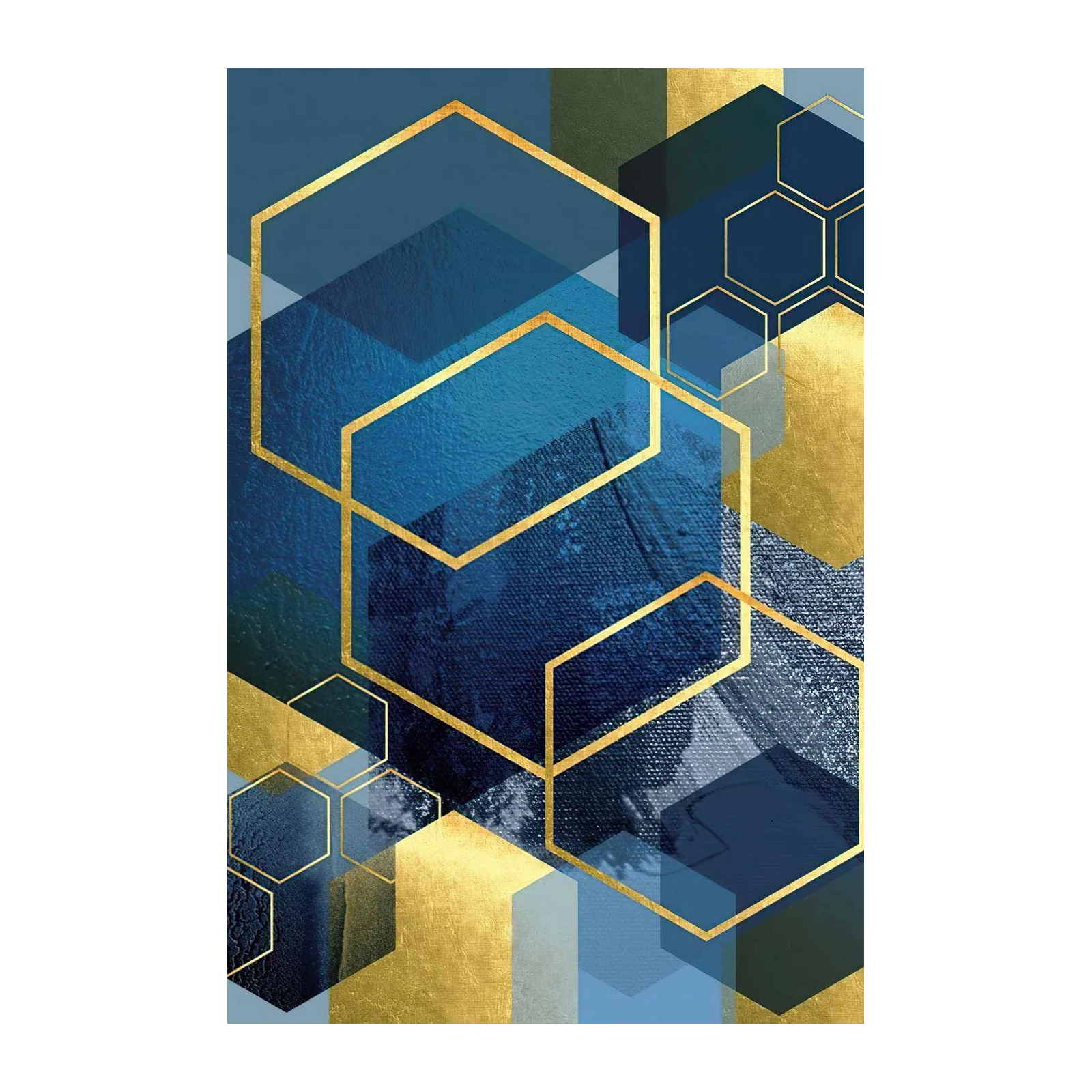 Geometric Gold Hexagon Modern Blue Wall Art