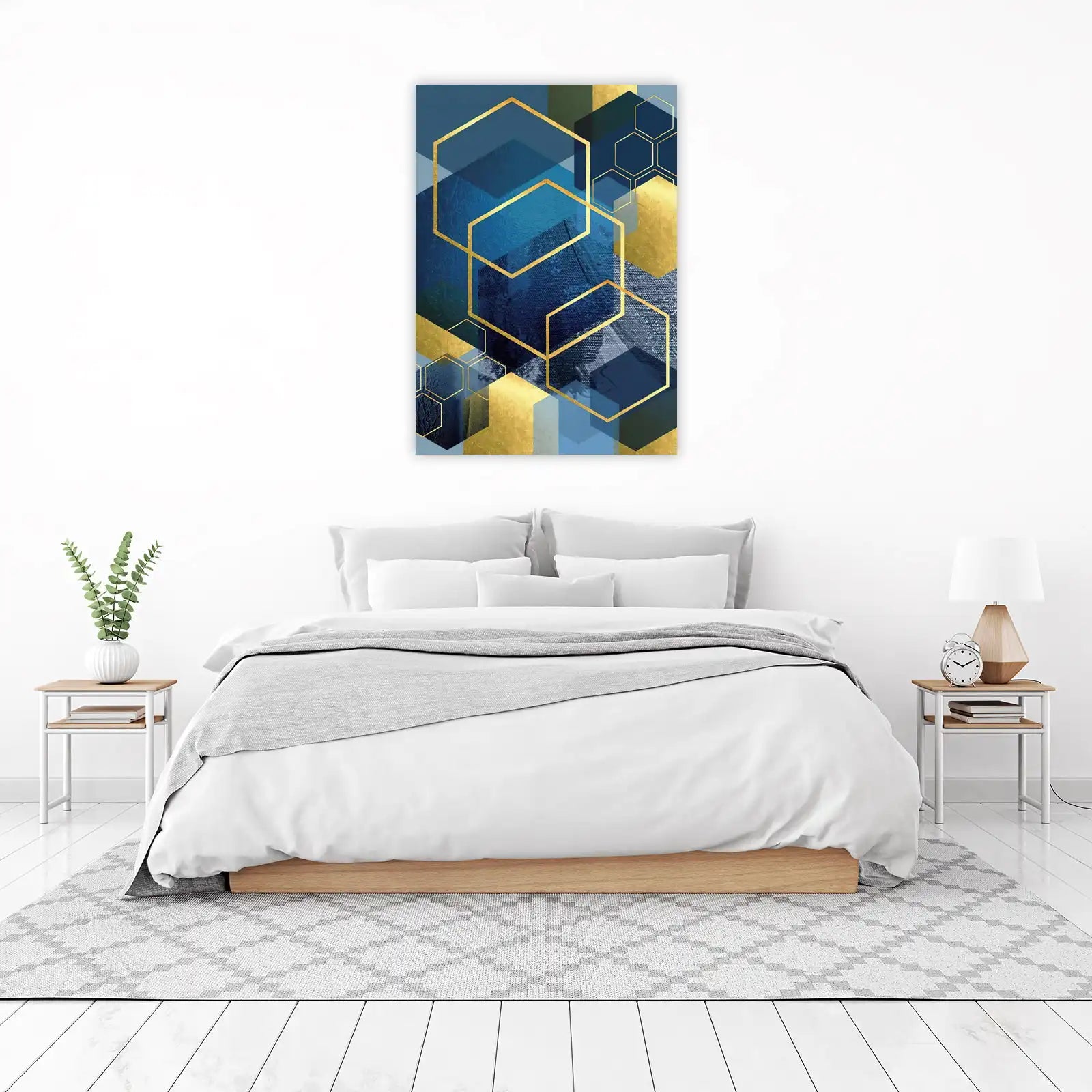 Geometric Gold Hexagon Modern Blue Wall Art