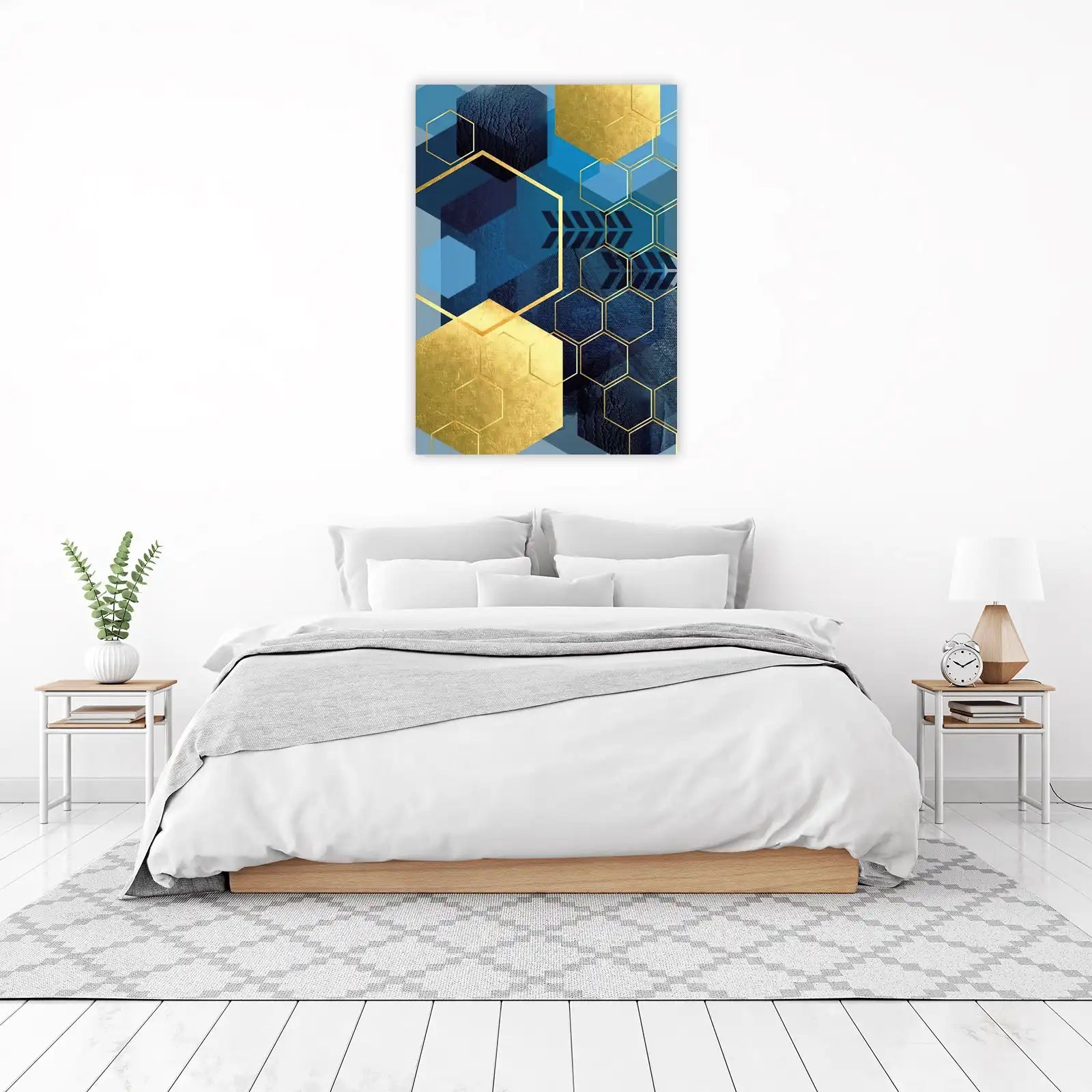 Gold Hexagon Geometric Blue Wall Art