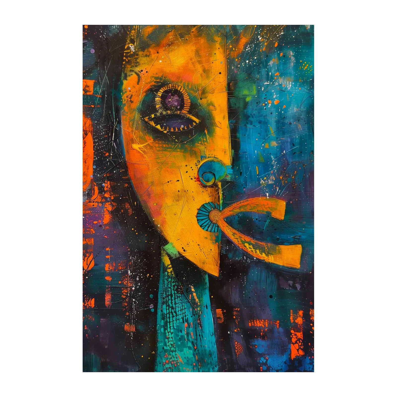 Abstract Face Bold Orange Teal Wall Art Wall Art