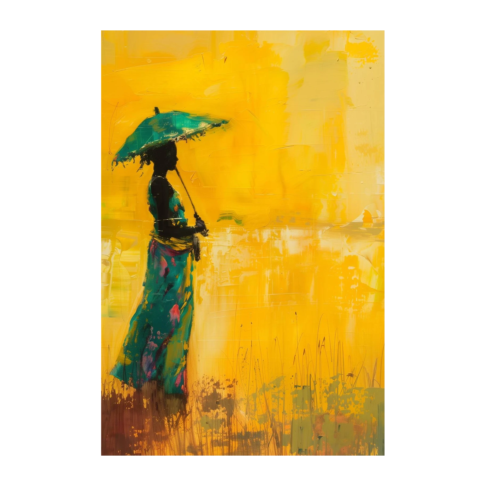 Vibrant Yellow Woman with Umbrella Wall Art