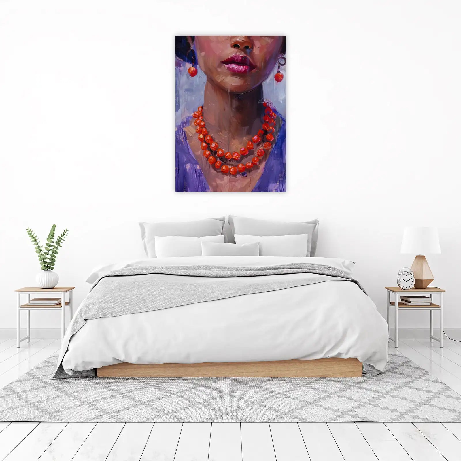 Vibrant Portrait of Woman with Red Beads Wall Art