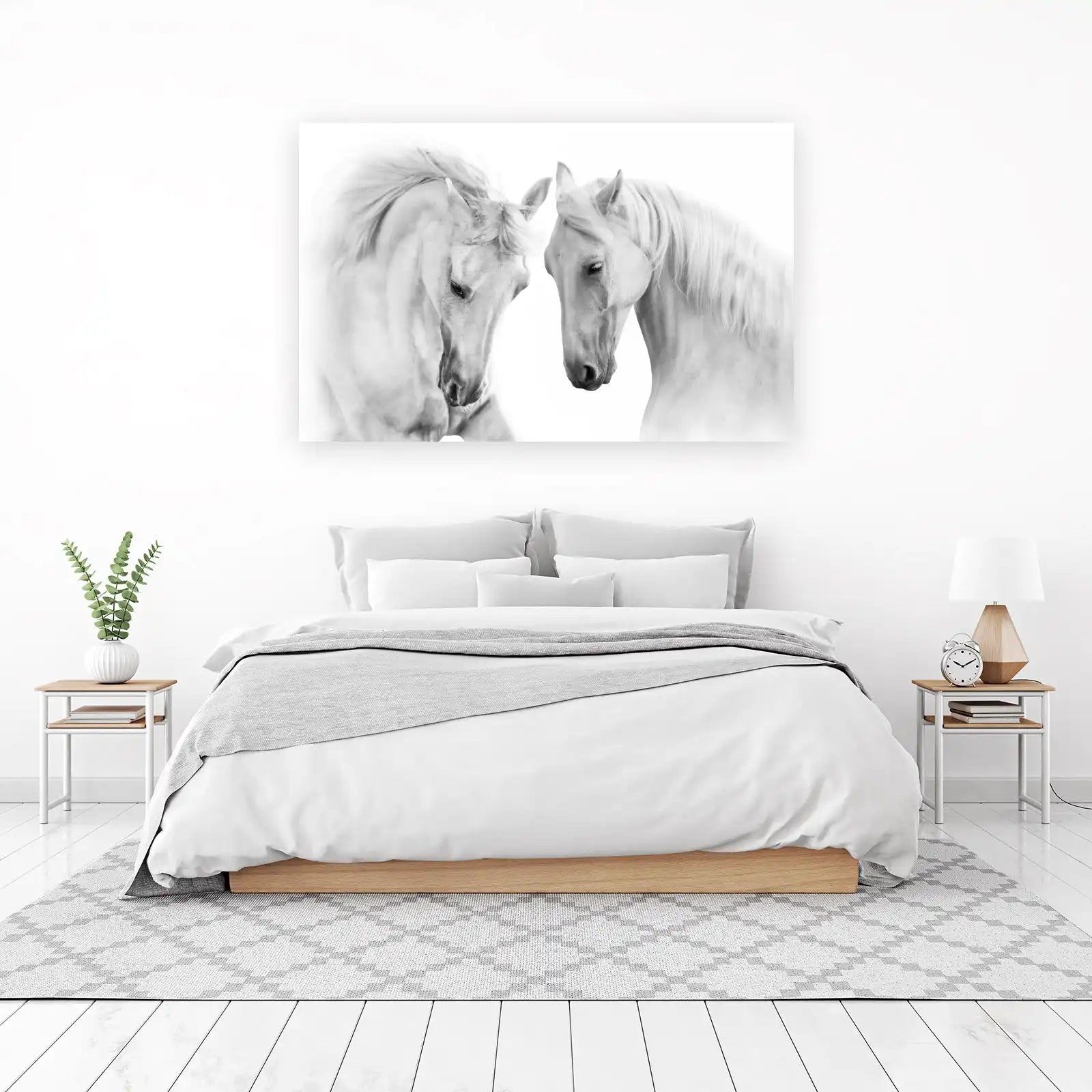 Elegant White Horses Duo Black & White Wall Art
