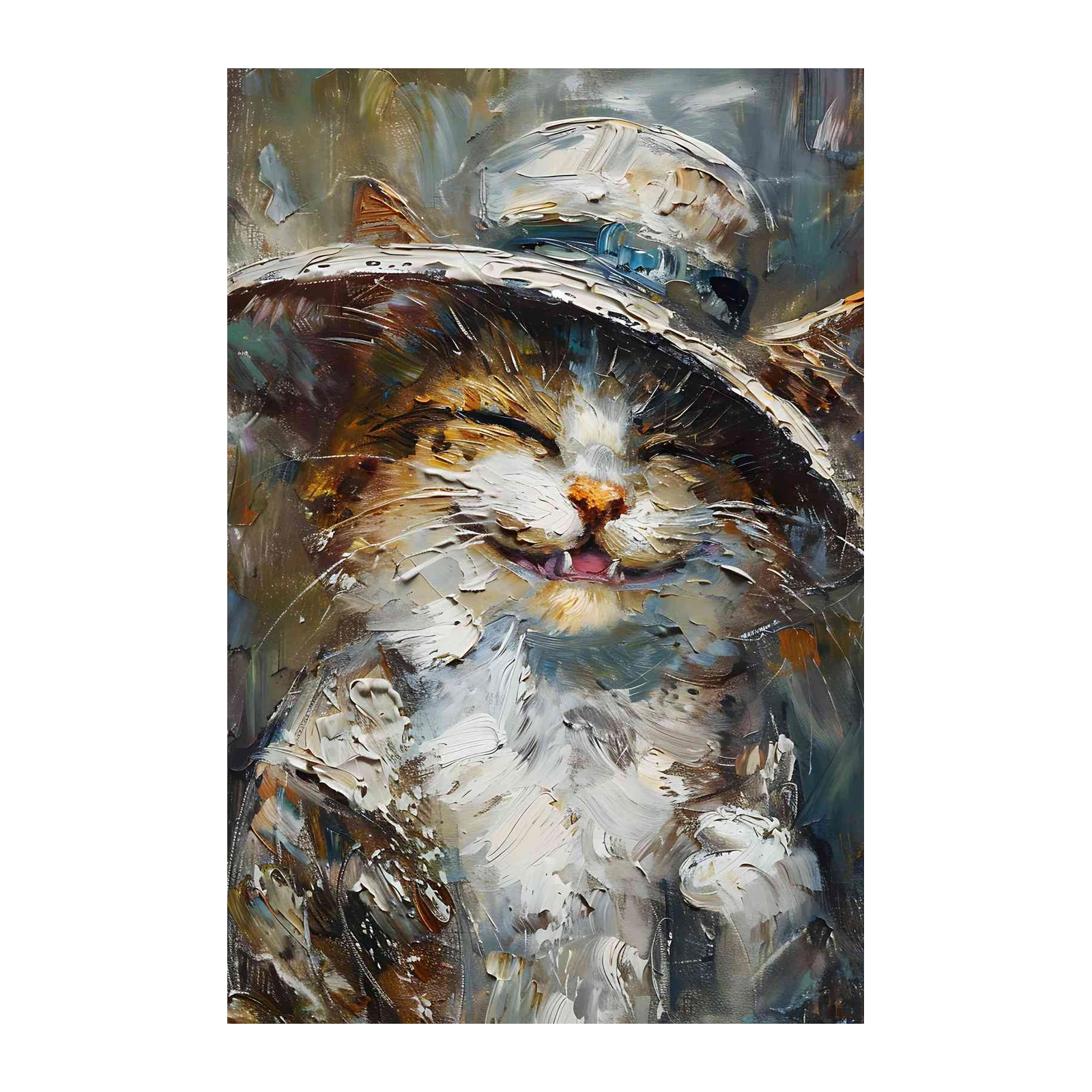 Joyful Cat in Hat Textured Oil Painting Wall Art