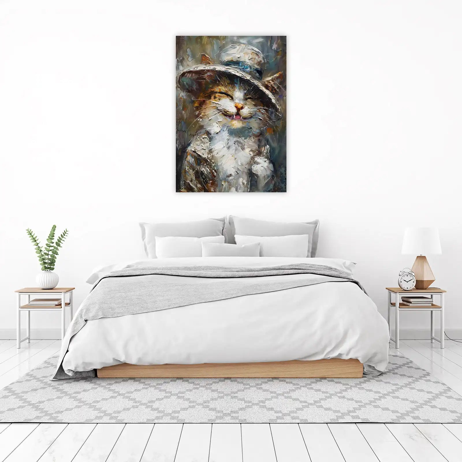 Joyful Cat in Hat Textured Oil Painting Wall Art