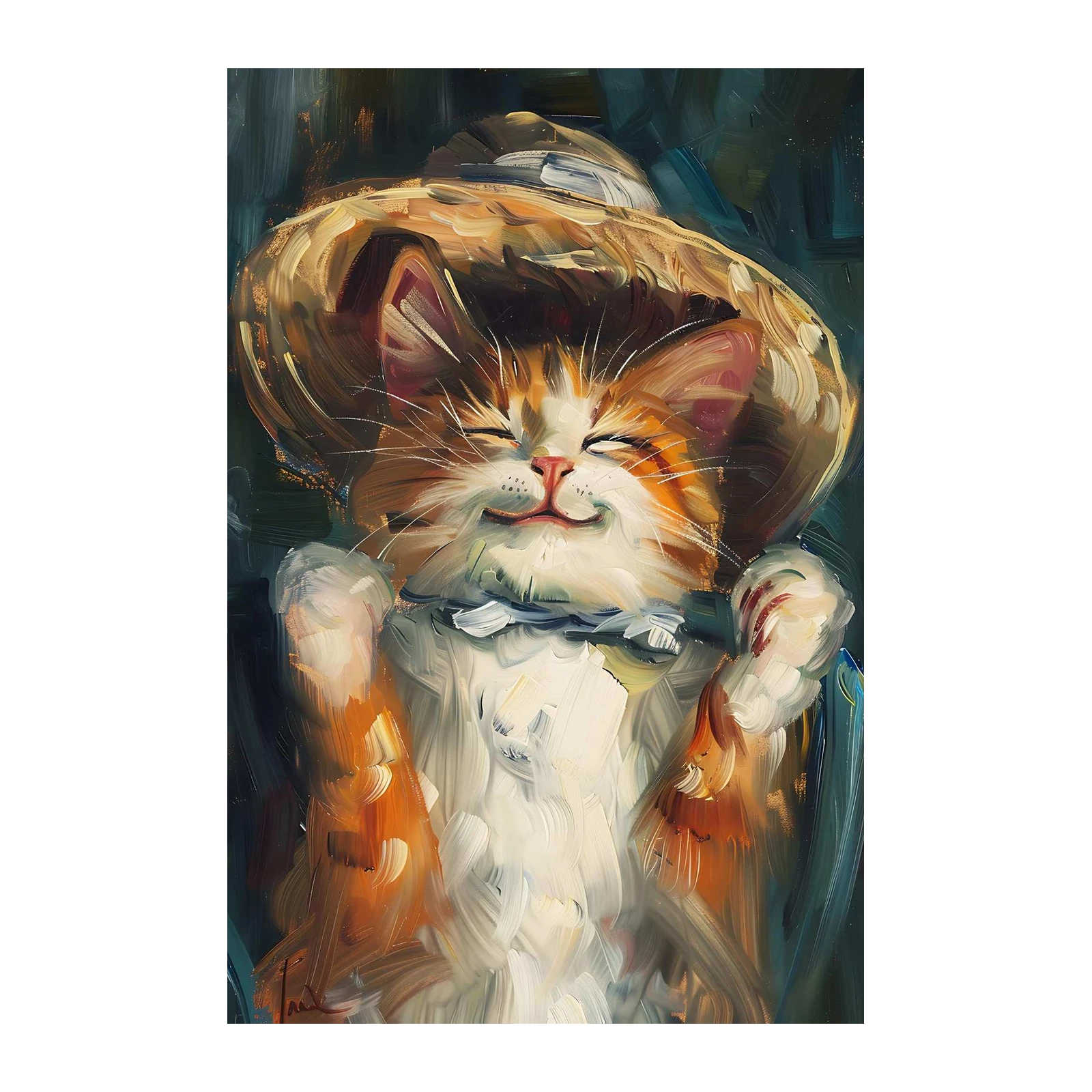 Joyful Cat with Hat Oil Painting Wall Art