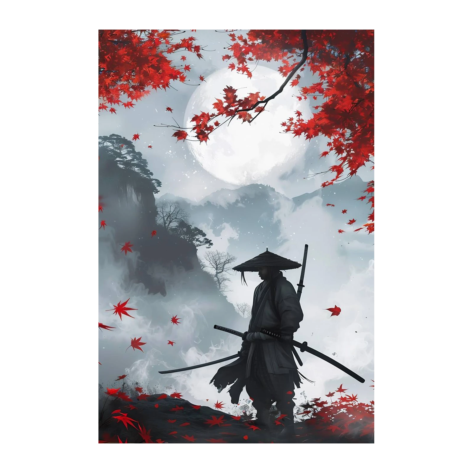 Samurai Warrior Red Maple Moon Wall Art