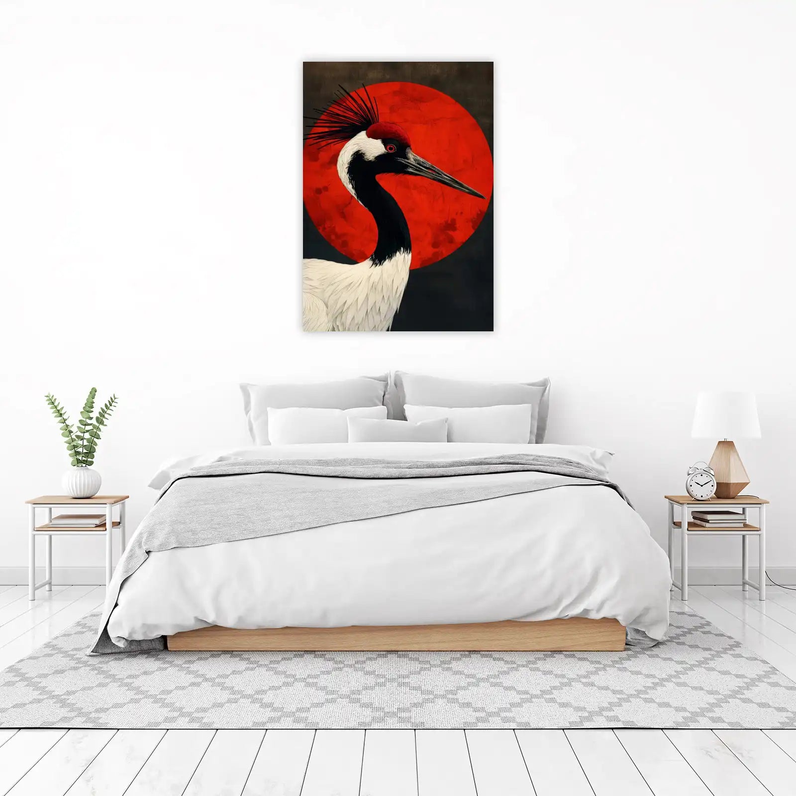Red Crown Crane Sun Modern Asian Wall Art
