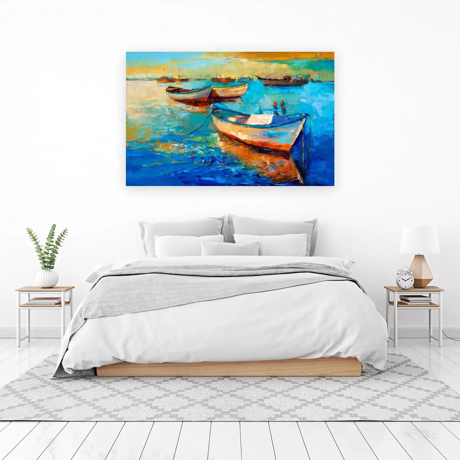 Vibrant Boats Serene Harbor Oil Painting Wall Art