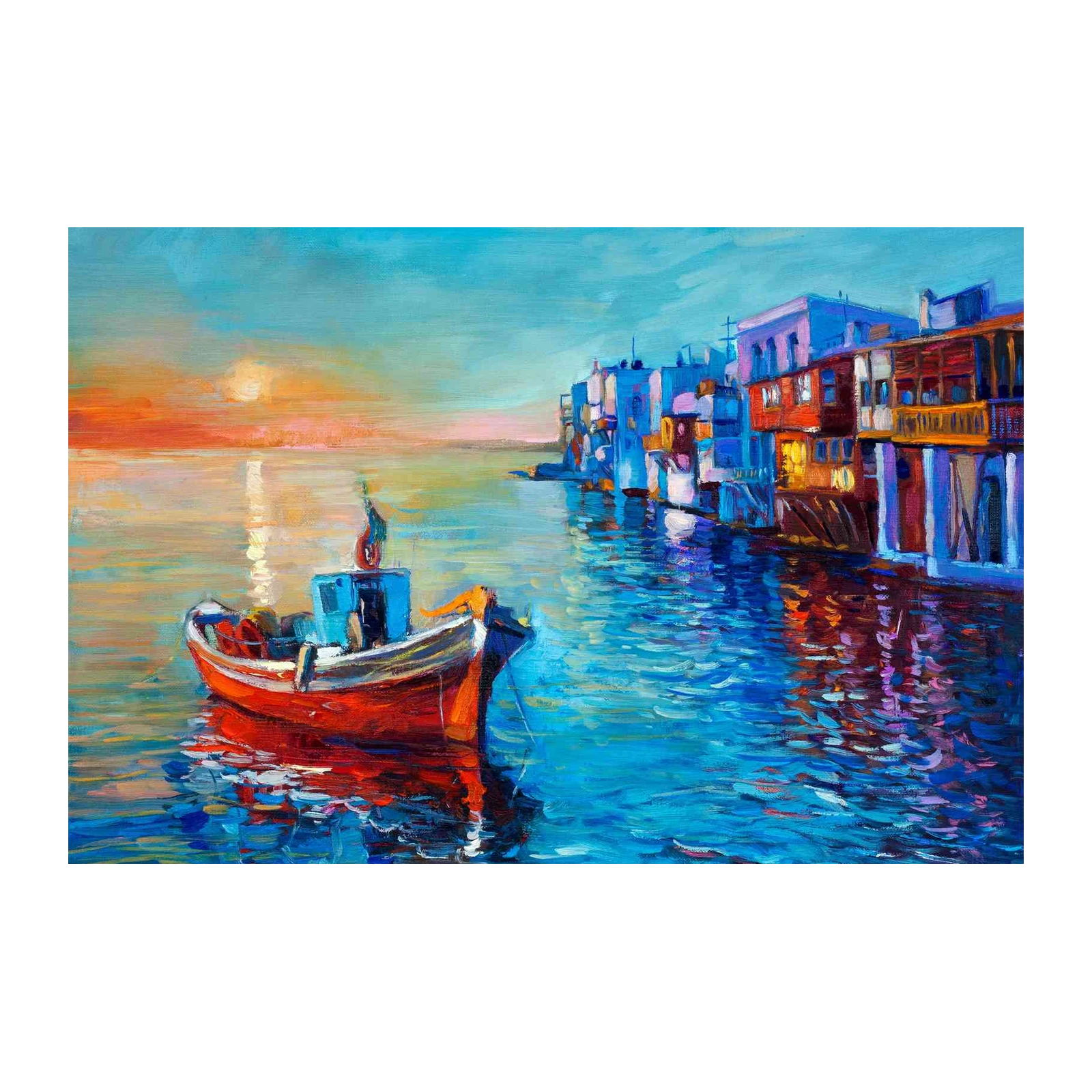 Vibrant Sunset Harbor Boat Wall Art