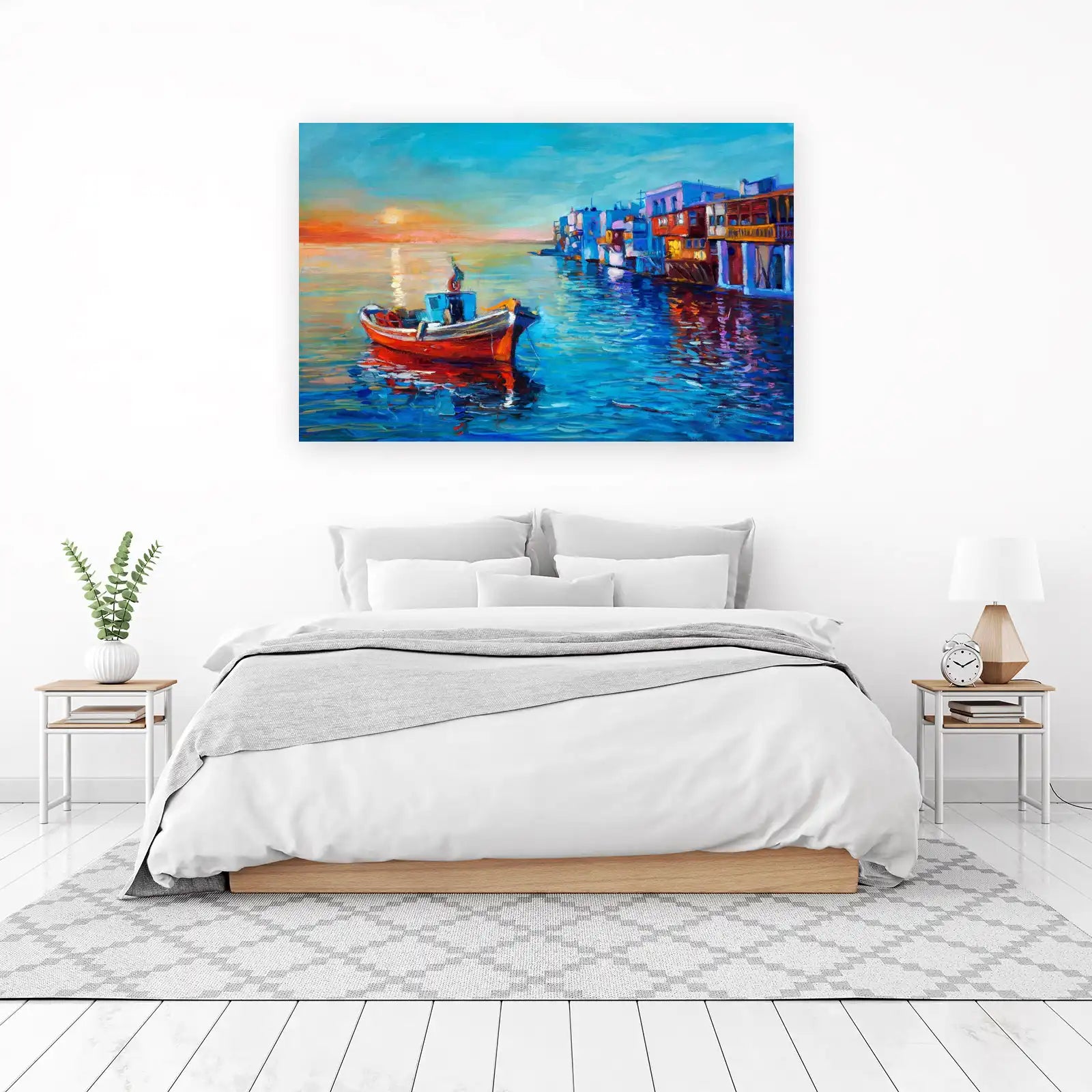 Vibrant Sunset Harbor Boat Wall Art