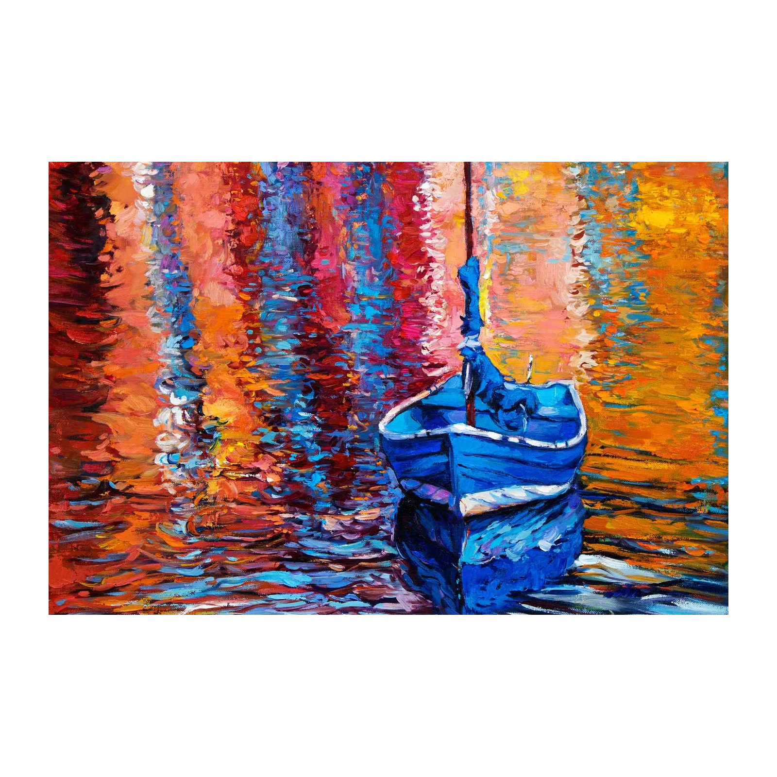 Vibrant Blue Boat & Fiery Sunset Wall Art