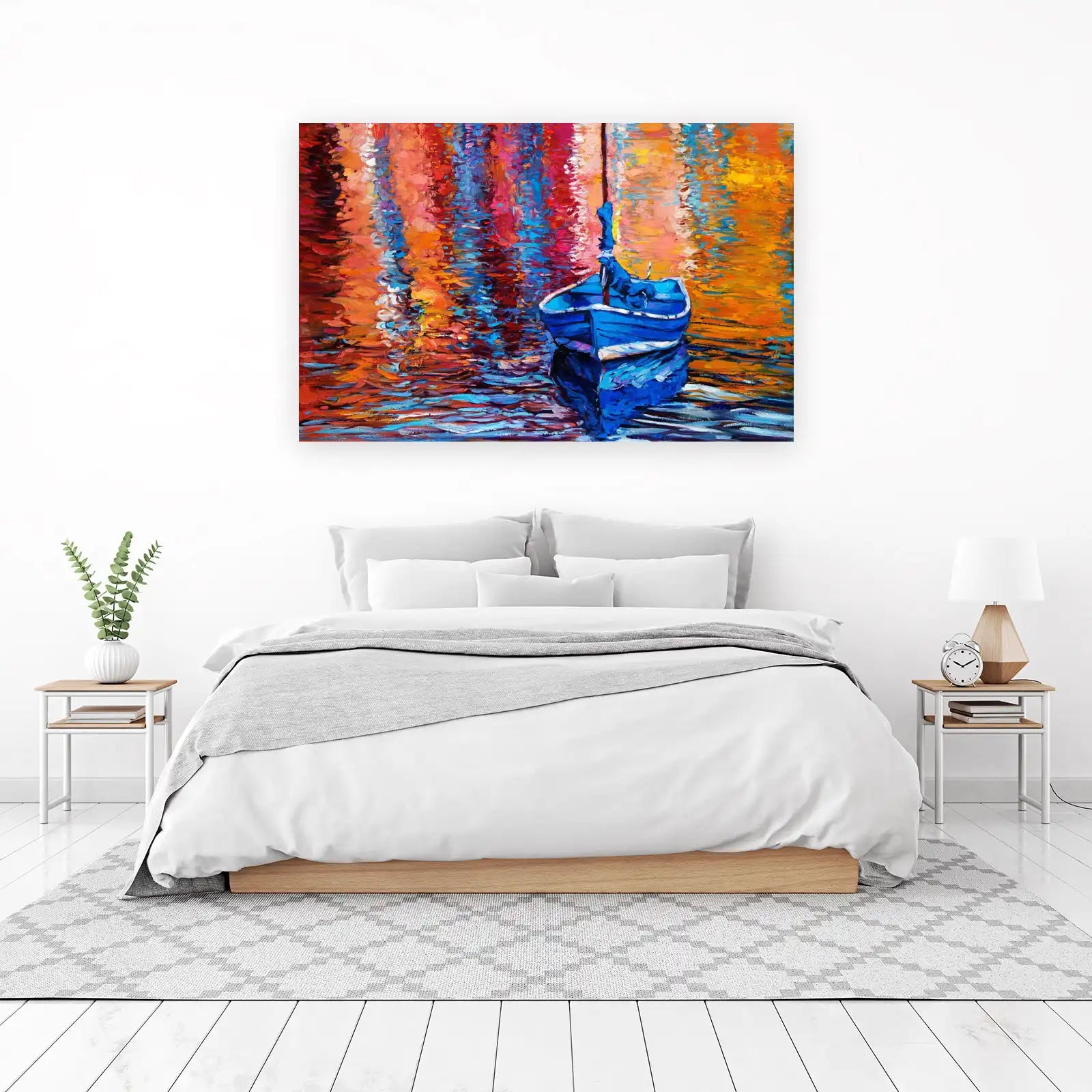 Vibrant Blue Boat & Fiery Sunset Wall Art