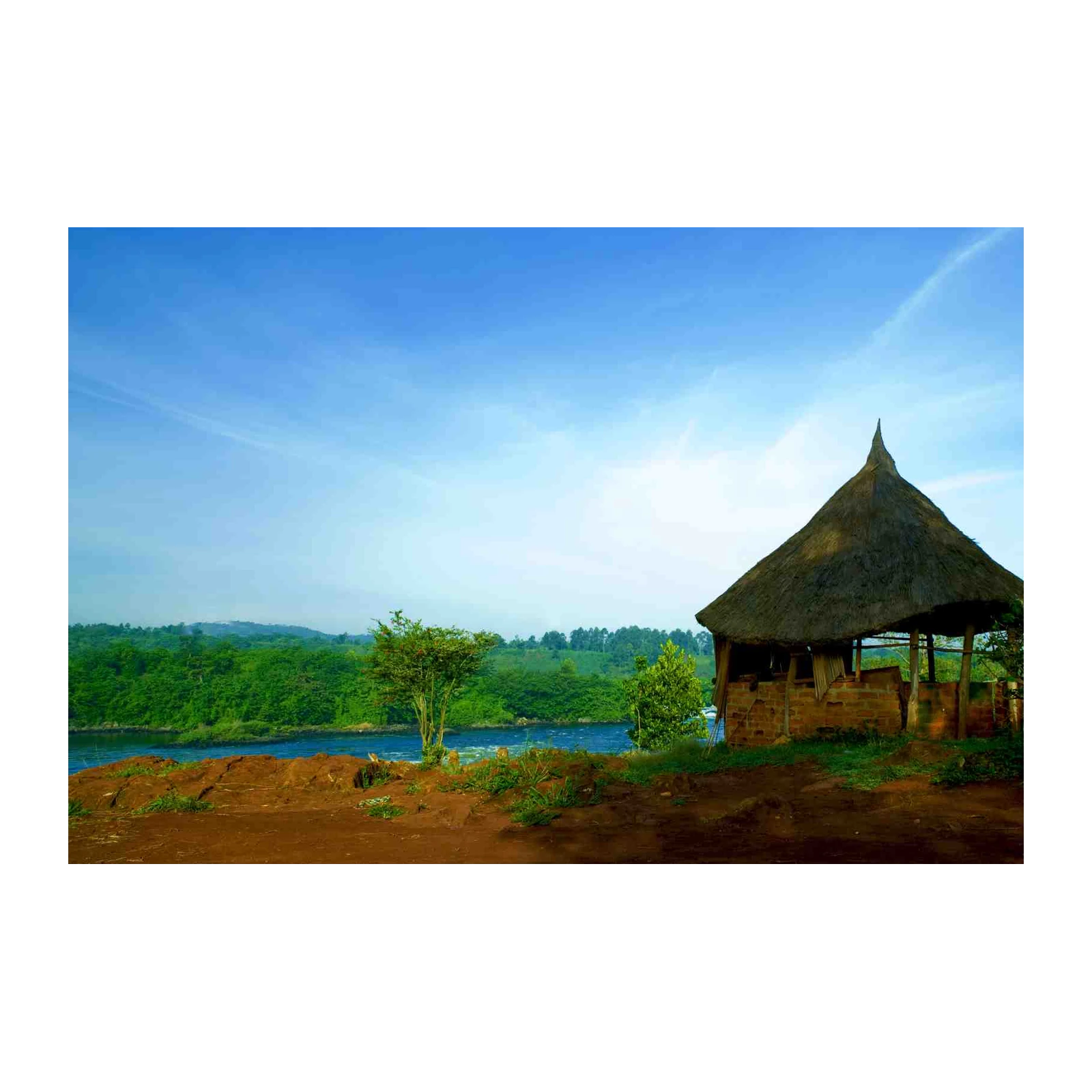 Serene Riverfront Hut Landscape Wall Art