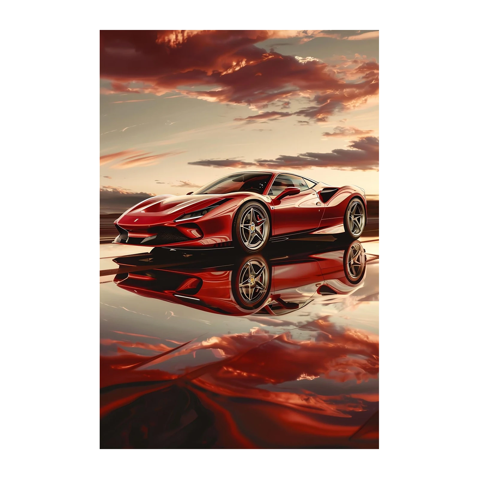 Luxury Red Sports Car Sunset Reflection Wall Art