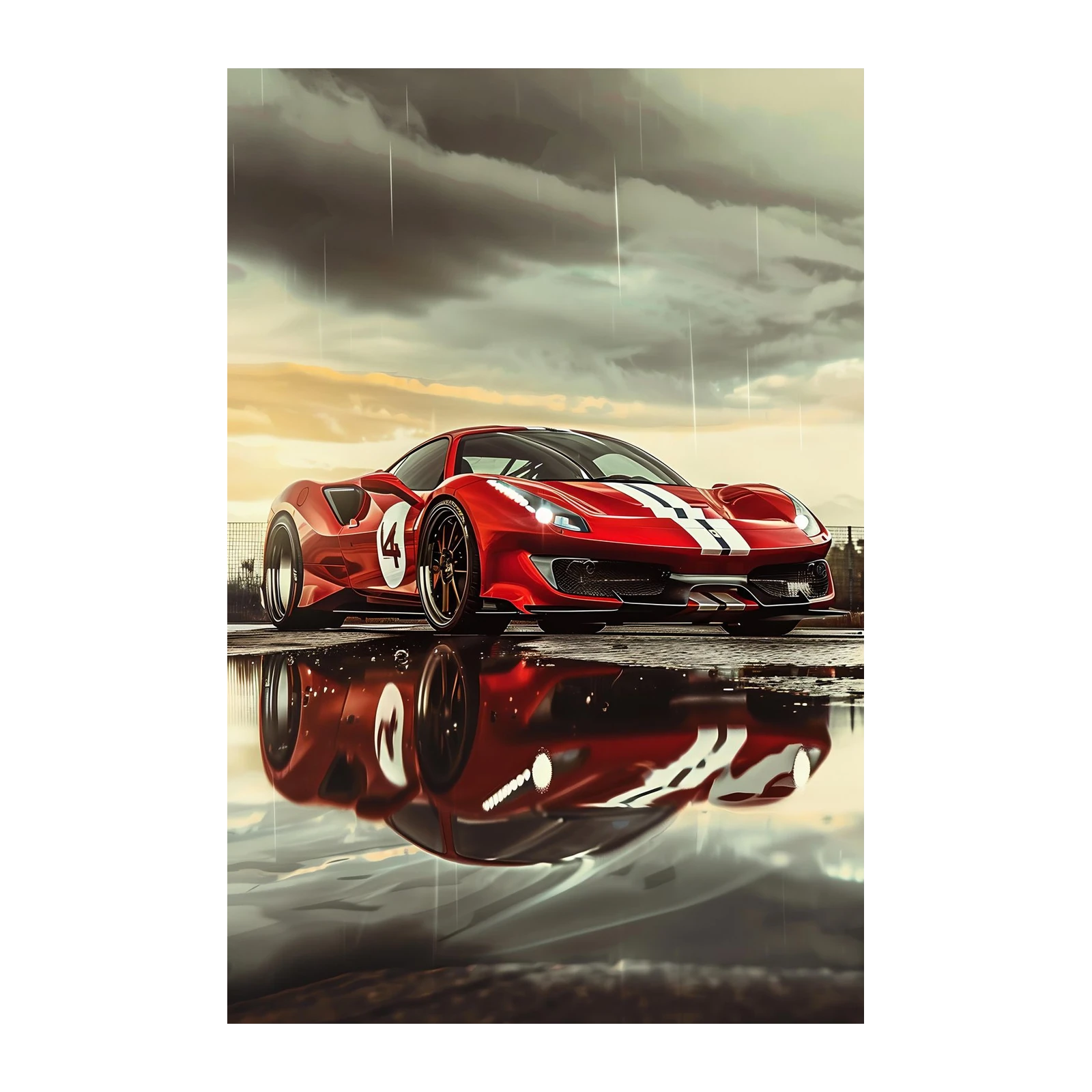 Red Racing Car in Rain Wall Art