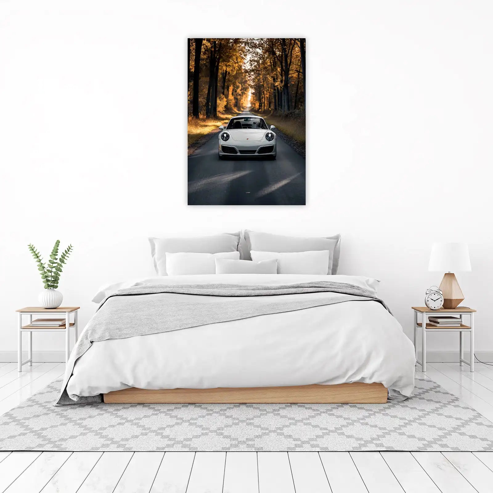 Luxury White Sports Car in Autumn Forest Wall Art