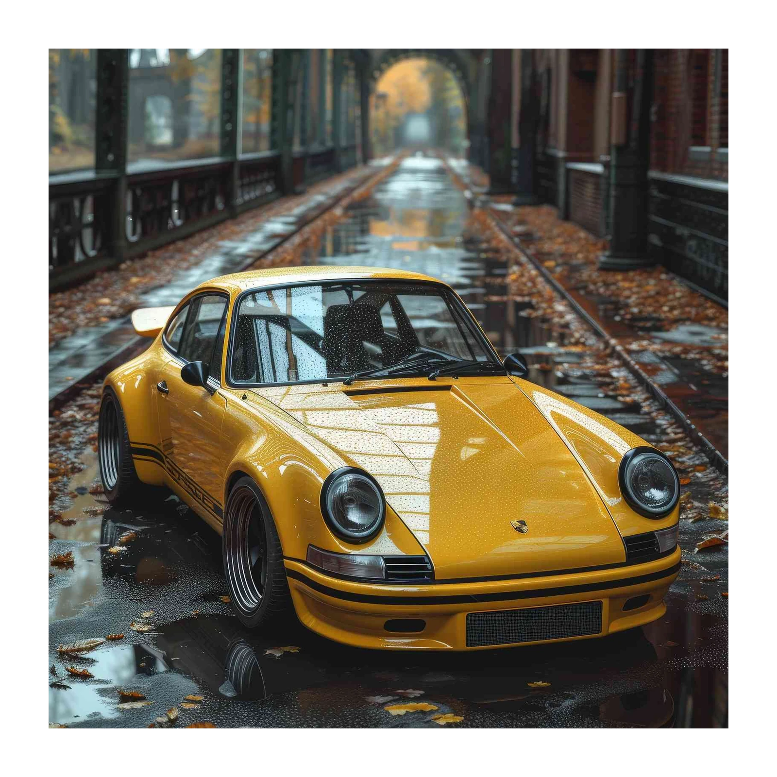 Yellow Classic Porsche Autumn Rain Wall Art