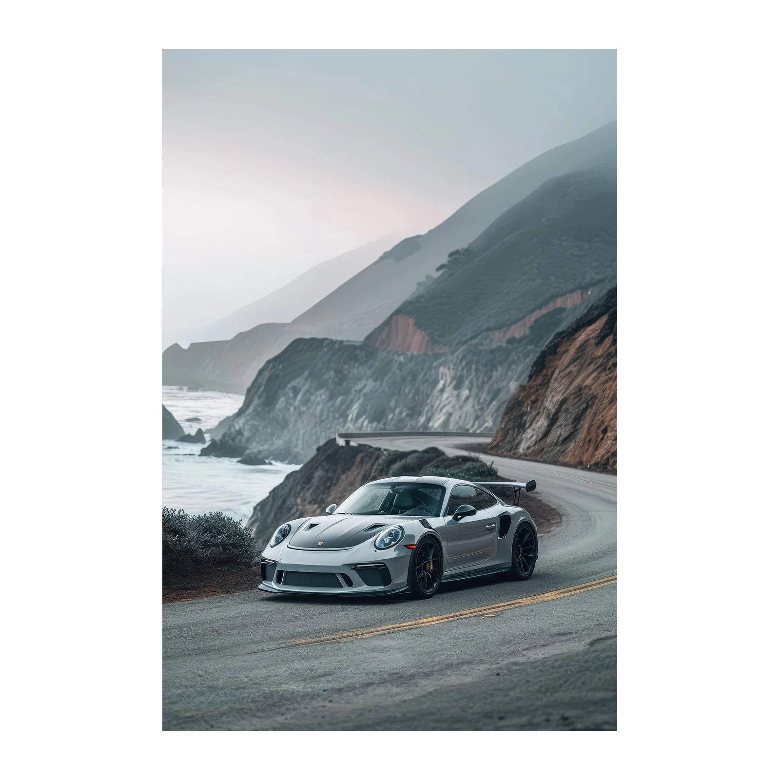Silver Porsche GT3 Coastal Drive Wall Art