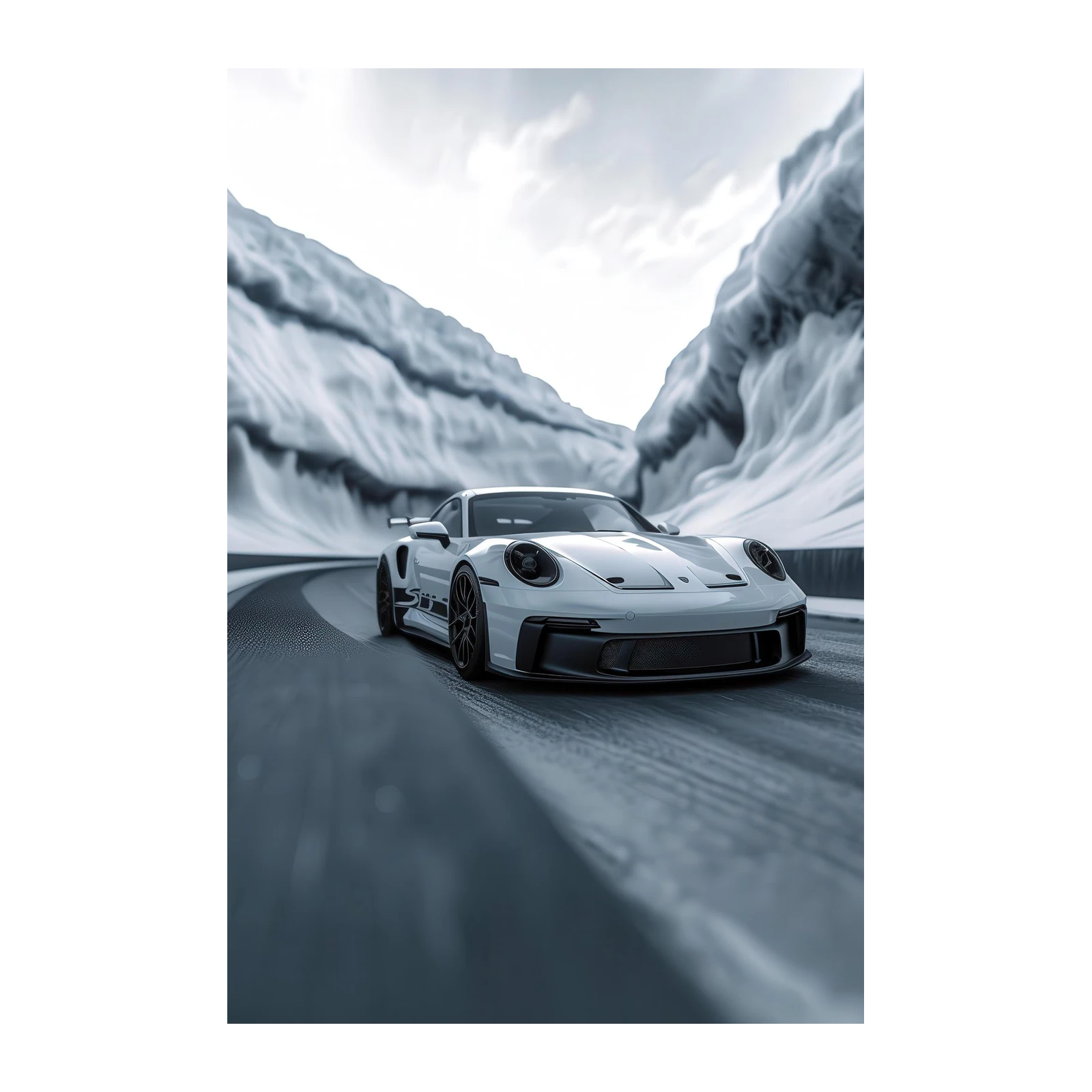 Sleek Porsche in Snowy Canyon Wall Art