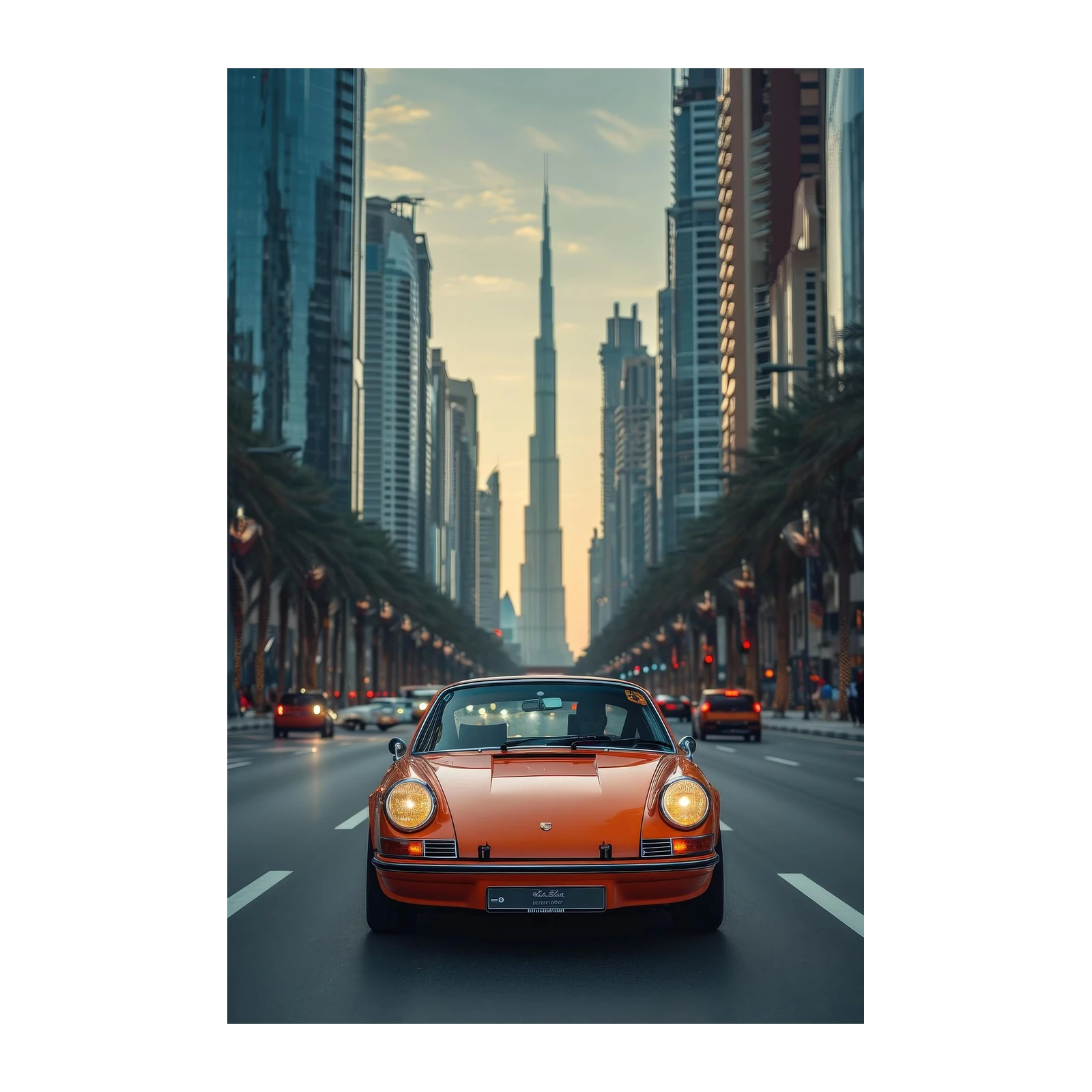 Vintage Orange Porsche Dubai Skyline Wall Art