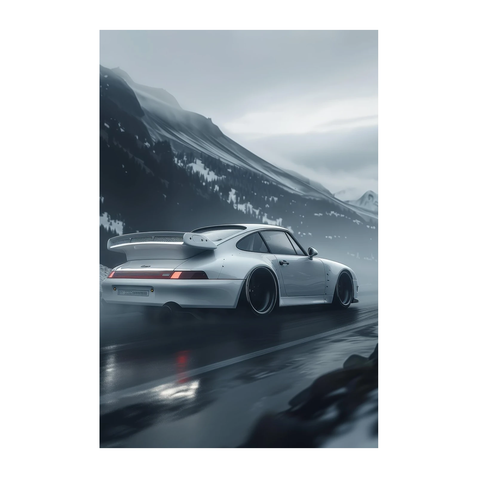 White Porsche Turbo on Misty Mountain Road Wall Art