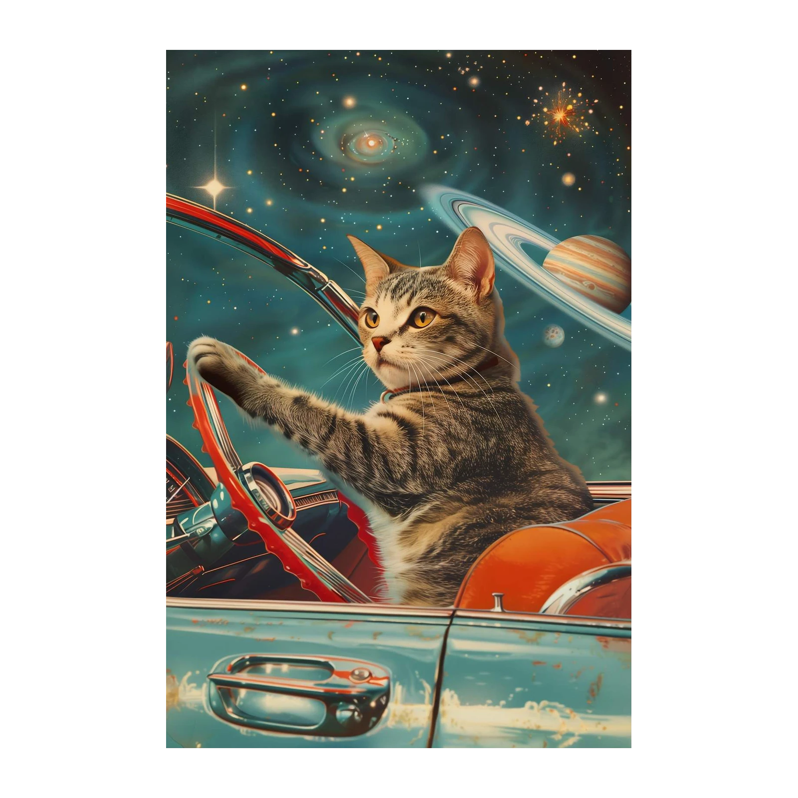 Cosmic Kitty Cruising Retro Car Wall Art