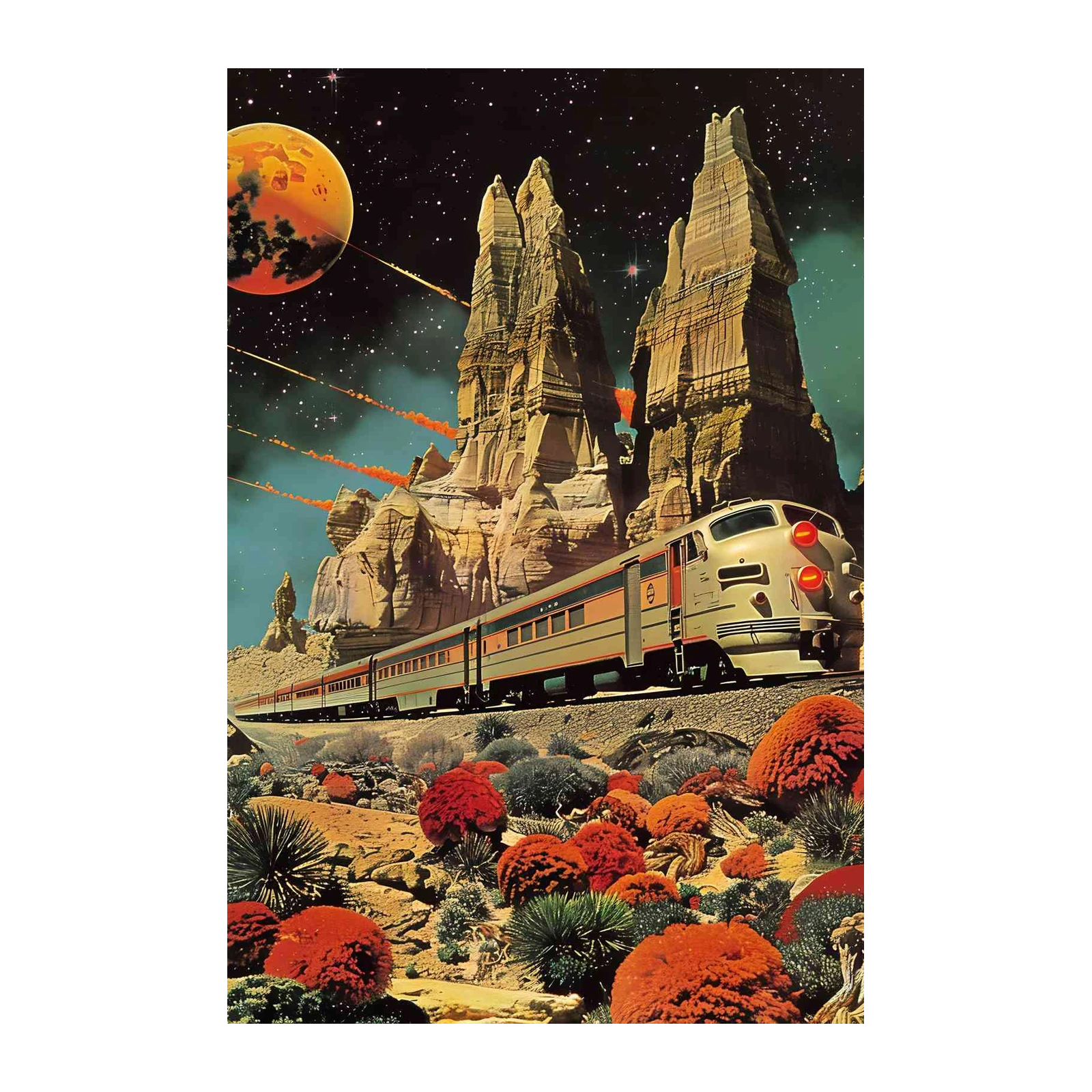 Retro Sci-Fi Train Desert Planet Wall Art